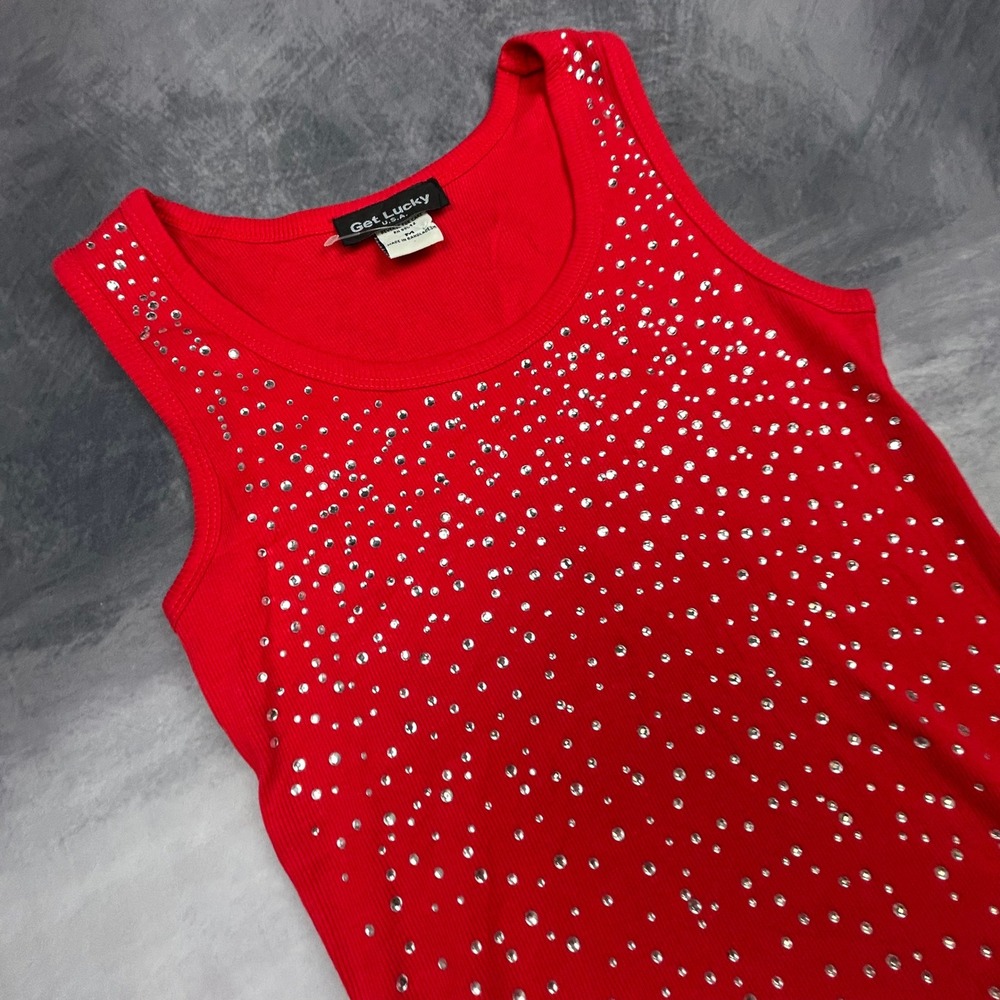 Get Lucky USA Red Rhinestone Ribbed Tank Top Women Medium Y2K Vintage Streetwear - Picture 3 of 8